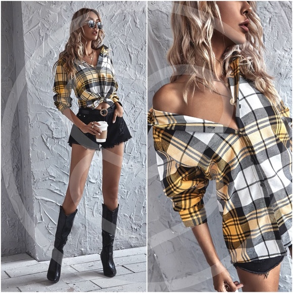 plaid button down long sleeve top - MUSTARD - Picture 4 of 7